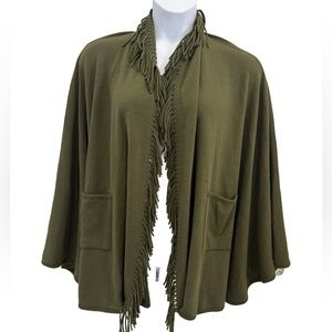 Nina Leonard Olive Fringe Poncho. OS